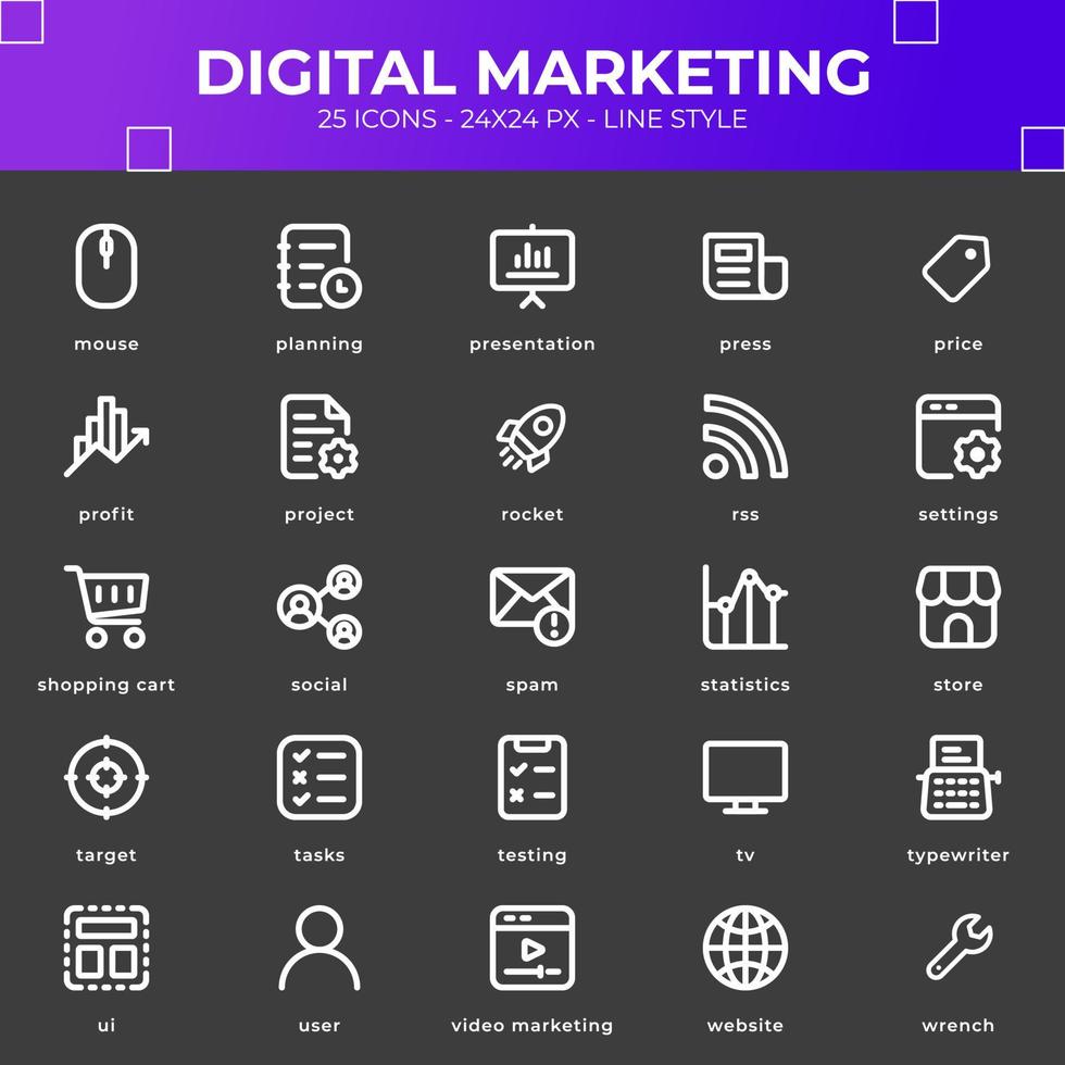 paquete de iconos de marketing digital con color blanco vector