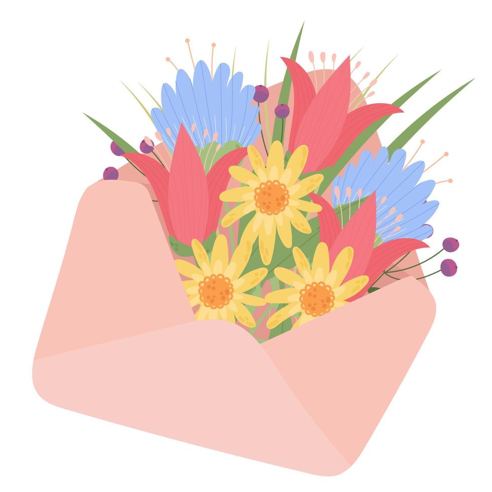 Bouquet of spring flowers inside the envelope . Hand drawn vector greeting card.