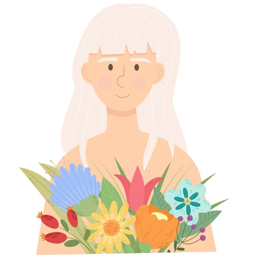 mujer con cabello rubio con ramo de flores feliz día de la mujer 8 de marzo. ilustración vectorial de una fecha, mujeres y un ramo de flores. vector