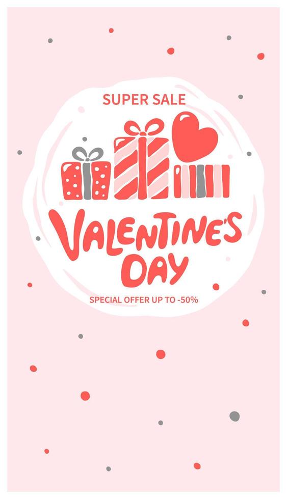 Valentines Day sale label template with hand drawn lettering. Suitable for marketing promotions and stories, post social media. Vector illustration.