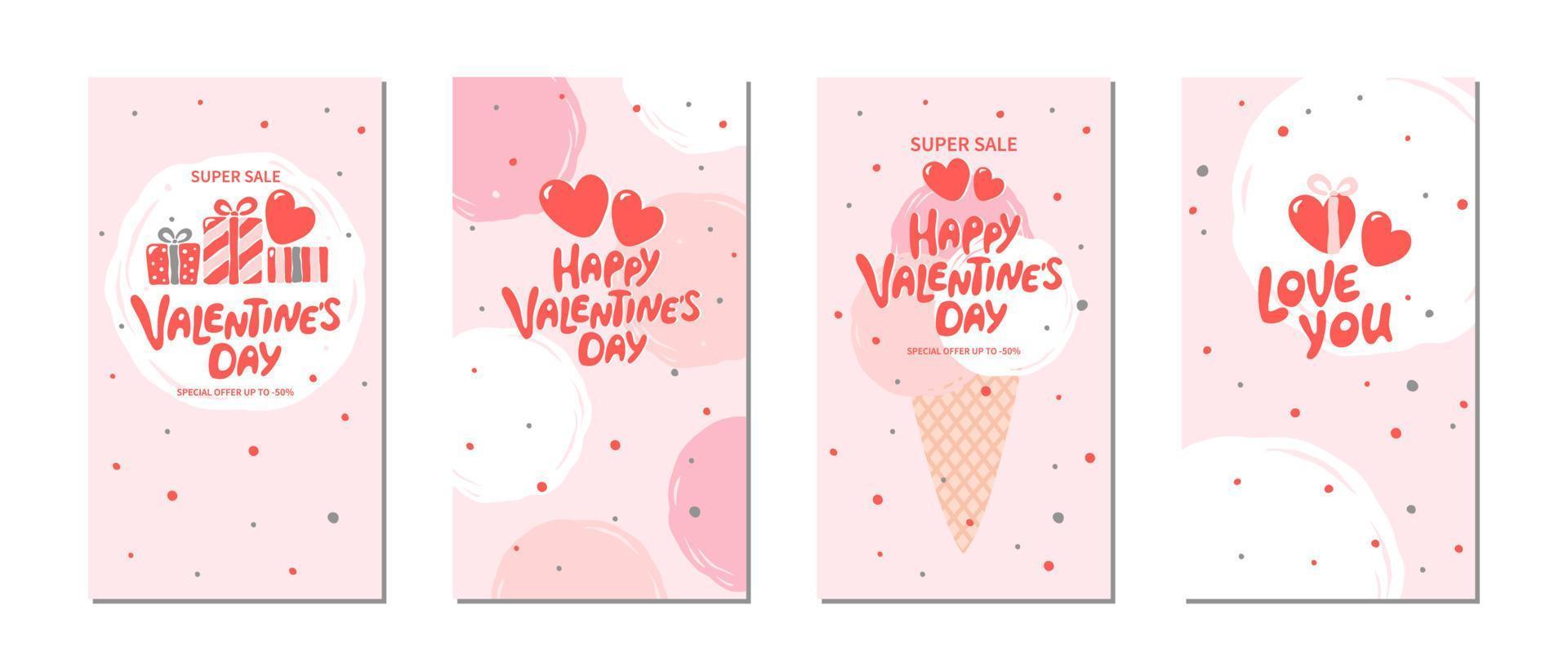 Valentines Day sale set label template with hand drawn lettering. Suitable for marketing promotions and stories, post social media. Vector illustration.