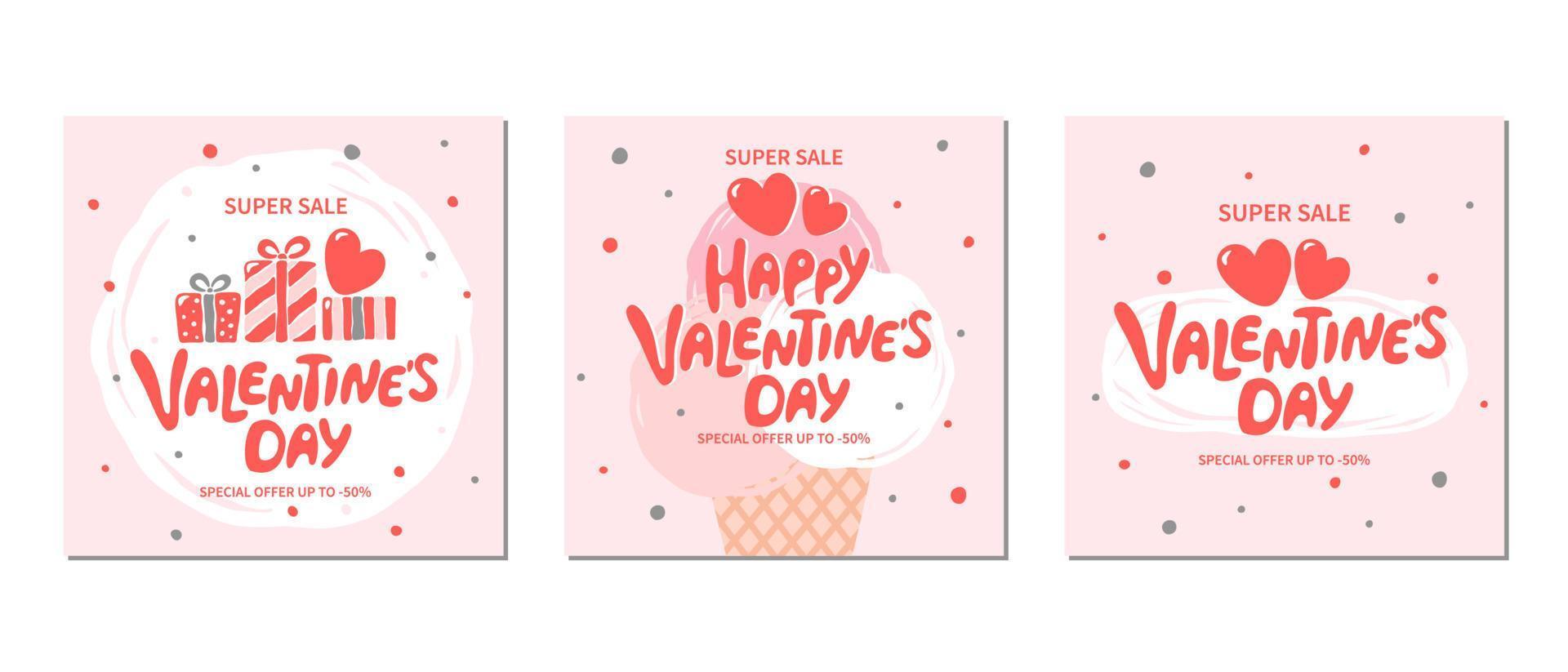 Feliz día de San Valentín. conjunto de diseño de plantilla de banner de venta con letras dibujadas a mano día de san valentín. adecuado para promociones de marketing y publicaciones en redes sociales y anuncios web en Internet. vector