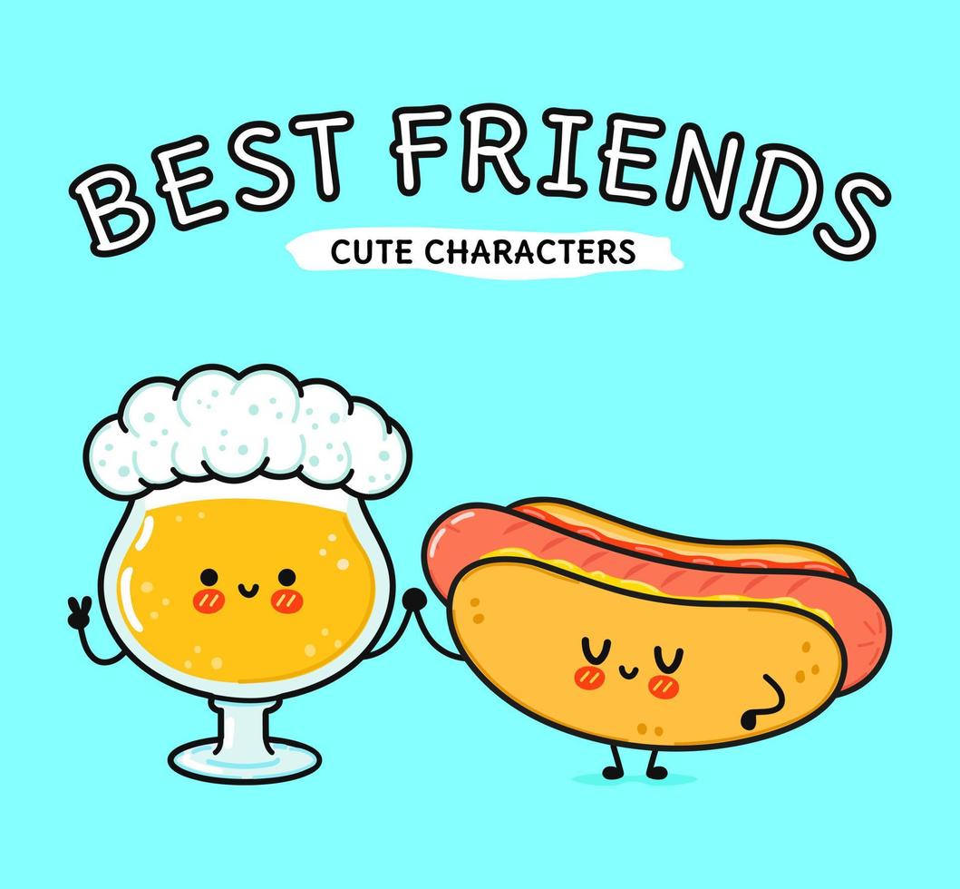 Cute, funny happy glass of beer and hot dog. Vector hand drawn cartoon kawaii characters, illustration icon. Funny cartoon glass of beer and hot dog mascot friends concept