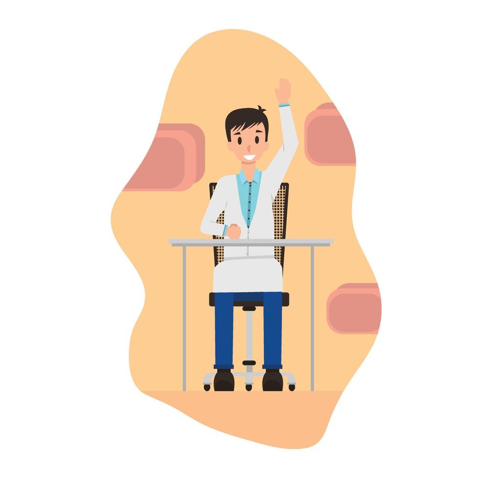 personaje de caricatura plana del laboratorio de investigación científica levanta la mano mientras se sienta en la silla vector