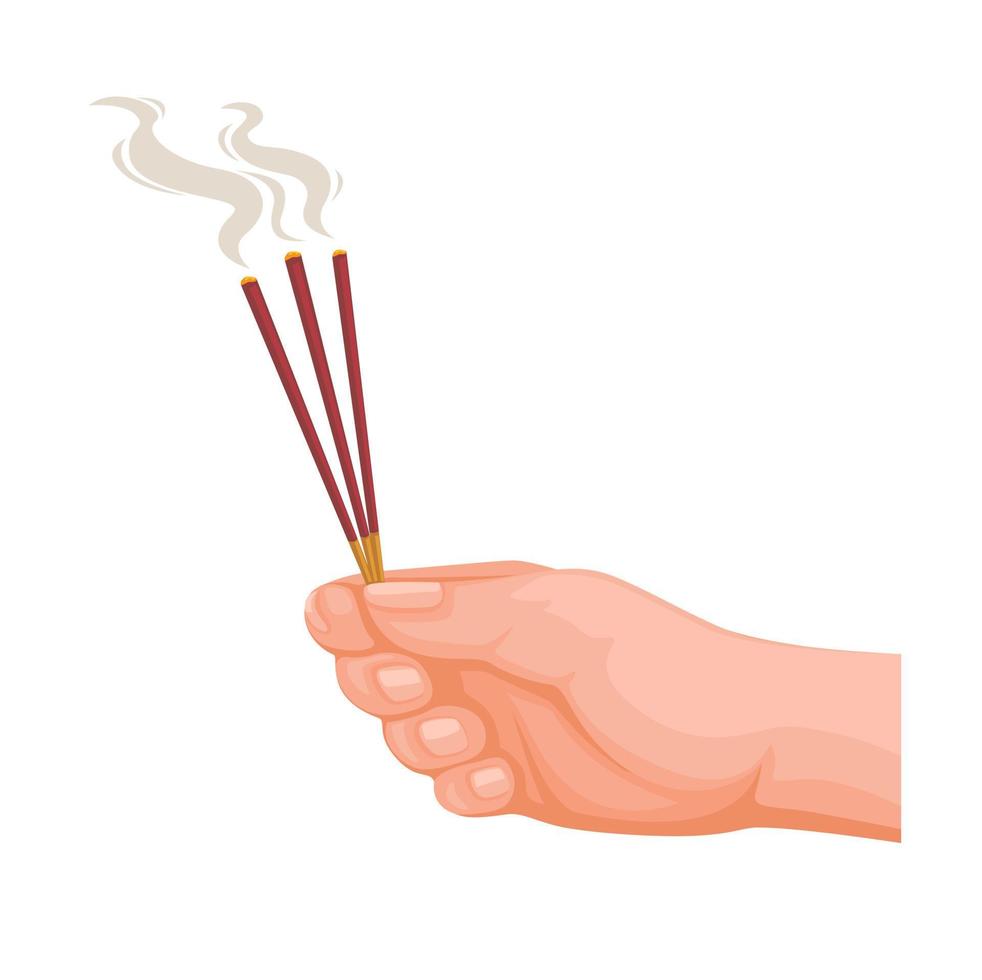 Hand holding incense stick buddhist praying religion symbol cartoon illustration vector