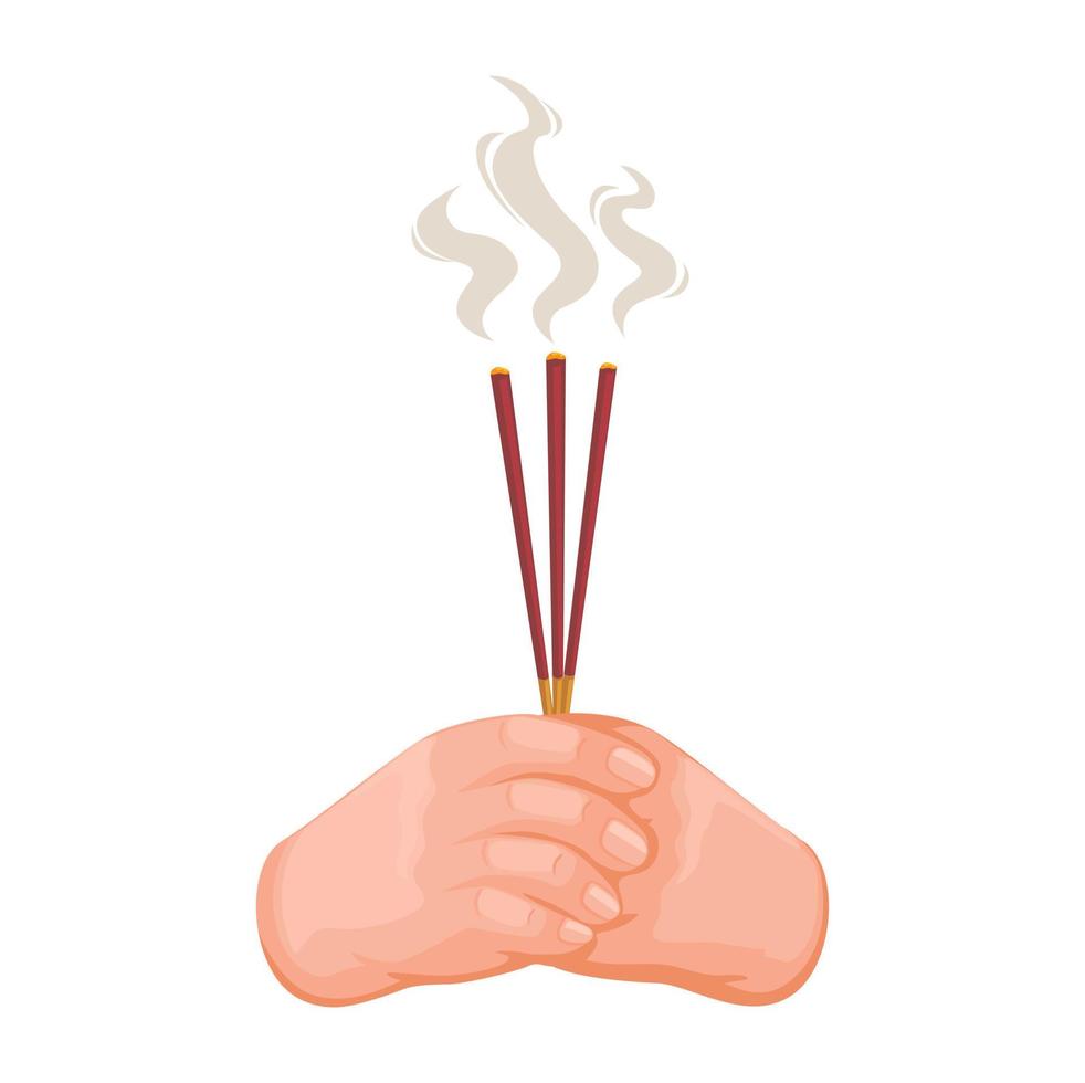 Hand holding incense stick buddhist praying religion symbol cartoon illustration vector