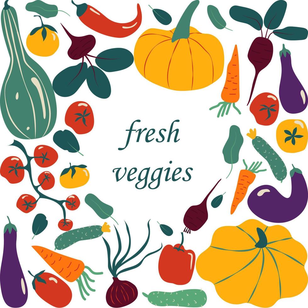 Set of fresh vegetables in flat style.Flat veg collection of pepper, tomato, carrot, eggplant, pumpkin, cucumber, onion, vegetarian fresh farm market food set isolated on white background vector