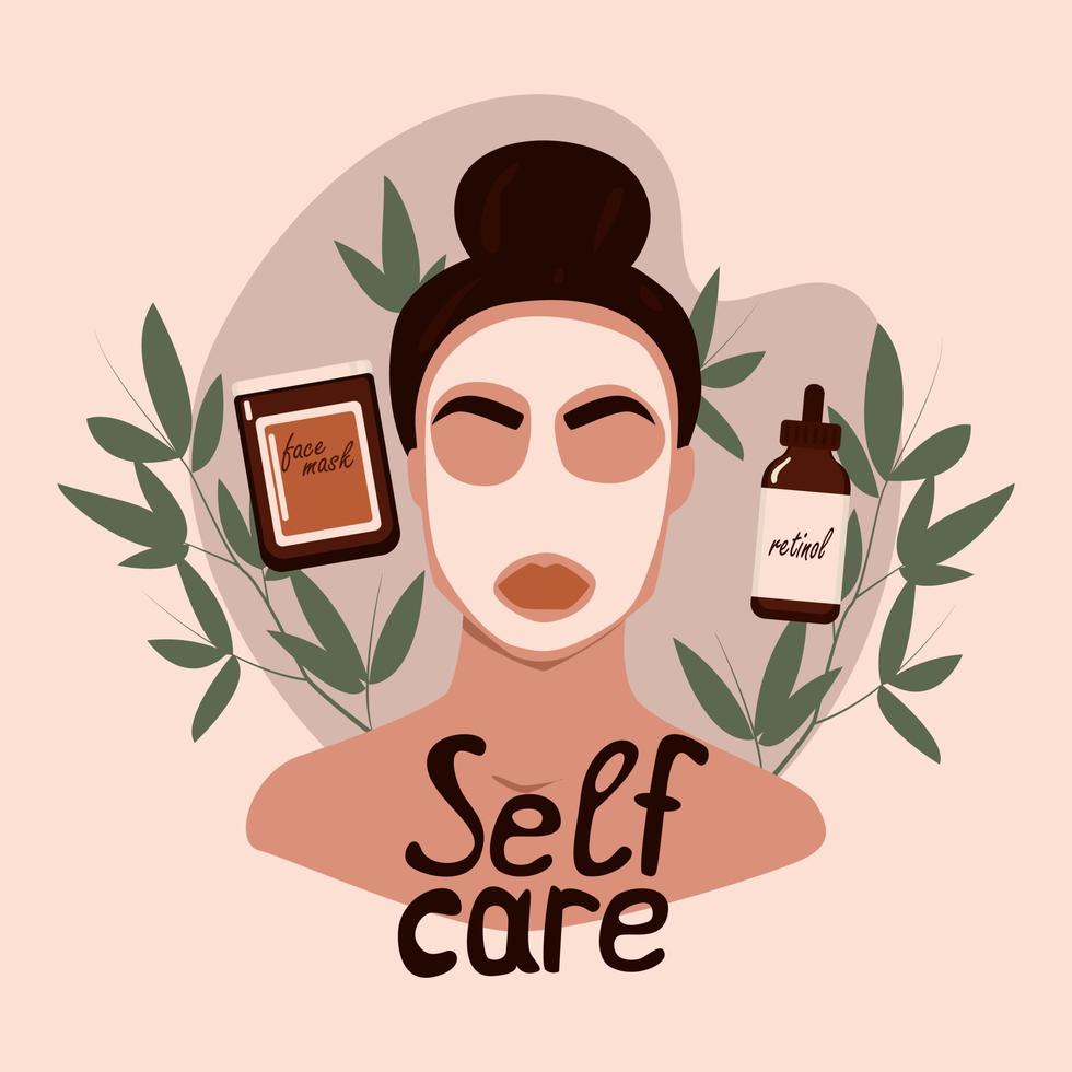 cara femenina y máscara cosmética de belleza. hermosa joven aplicando crema. pancarta de cuidado de la piel. mascarilla facial, cuidado de la piel, tratamiento, relajación. concepto de autocuidado. ilustración vectorial de stock vector