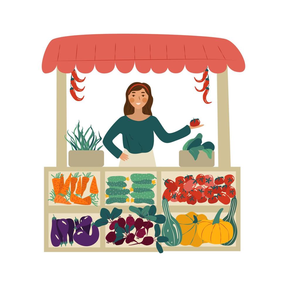 Farmers organic market.Female farmer selling fresh vegetables at stall at local food market place. Flat vector illustration isolated on white background, EPS10