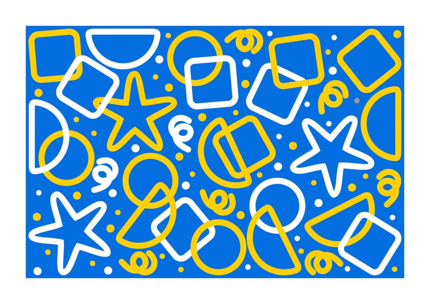 Colorful pattern. Circles, triangles, serpentine, dots, squares, half circles, stars. Fun colorful line doodle shape background. Blue, yellow, white colors. vector