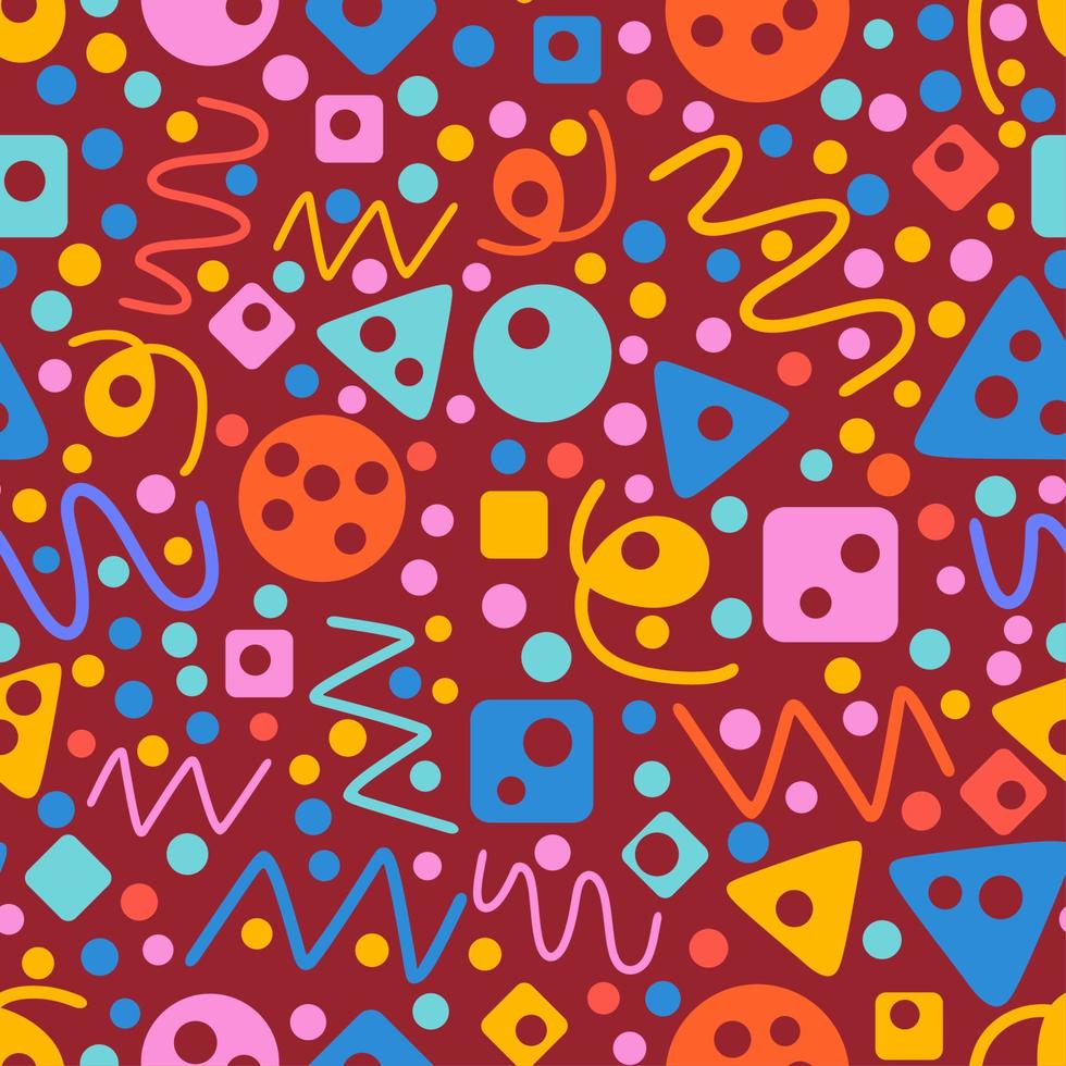 Colorful seamless pattern. Circles, triangles, serpentine, dots, squares, rhombus and zigzag. Fun colorful line doodle shape background. vector