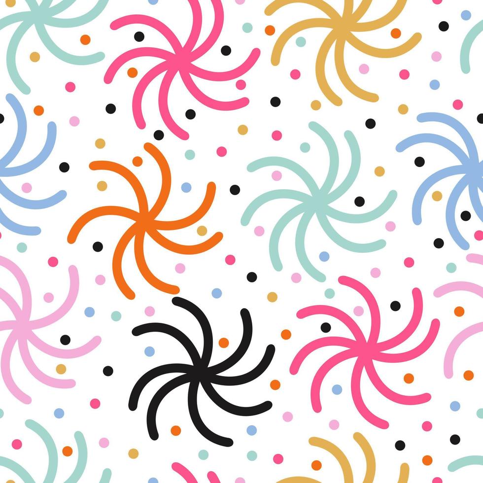 Abstract seamless colorful pattern. White backdrop. Bright colors. Spider or flower abstract linear wavy doodle shape. Dots and stripes. vector