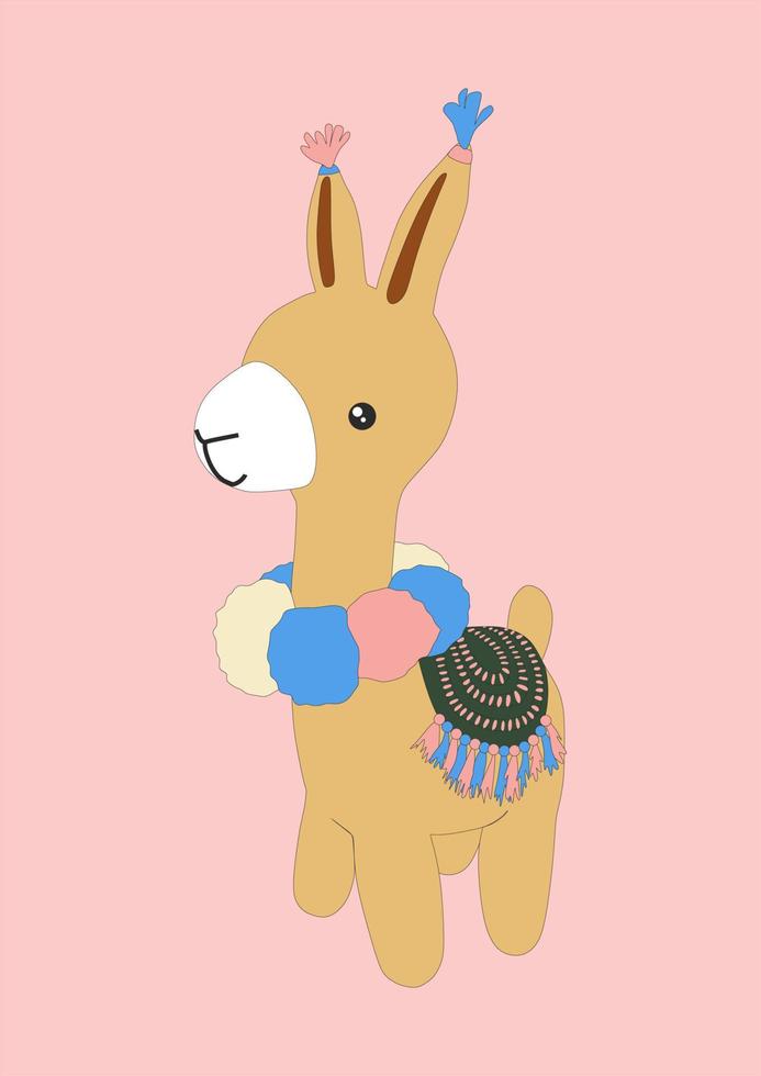 Cute cartoon alpaca or lama isolated on pink background. Hand drawn knitted toy. vector