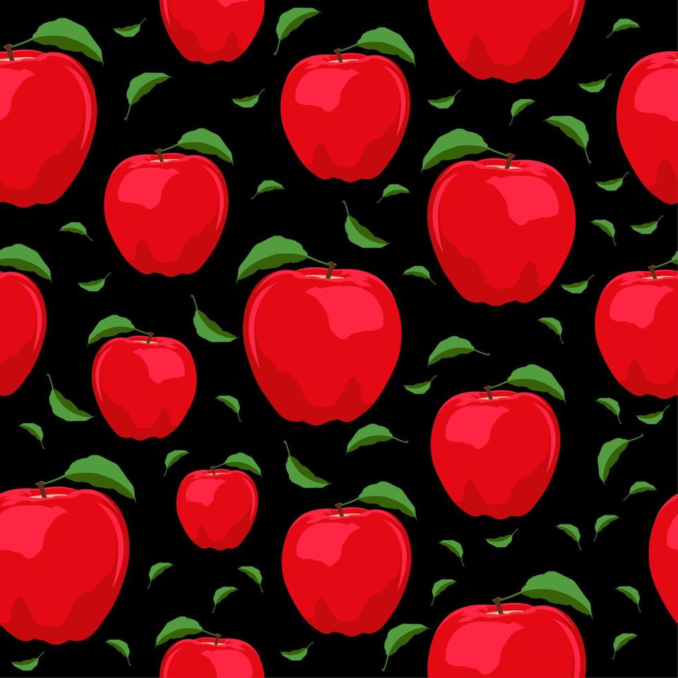 Red apple icon isolated on black seamless background. Green leaf. Juicy fruit. vector