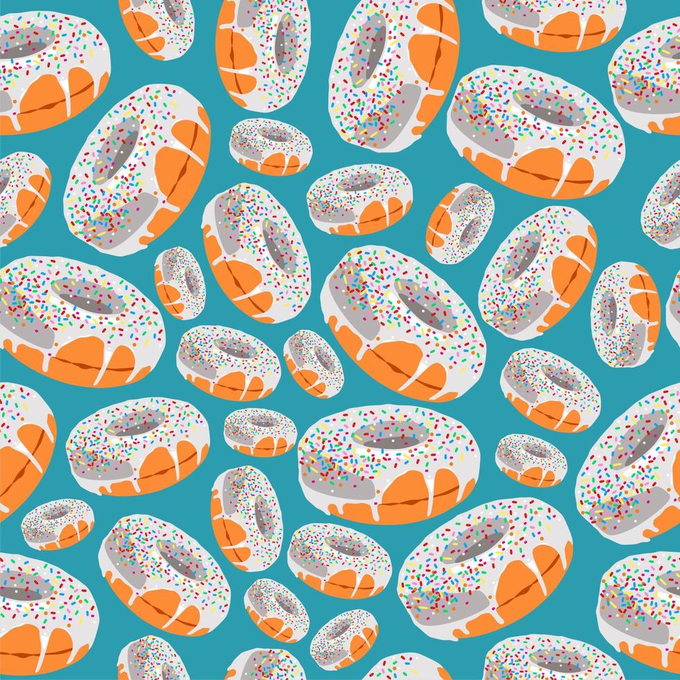 Vector donuts with white chocolate on light blue background. Seamless pattern. Donut icons. Sweet desserts. Fast food. Glazed round cakes. Print, textile, fabric, wrapping paper. Pattern.