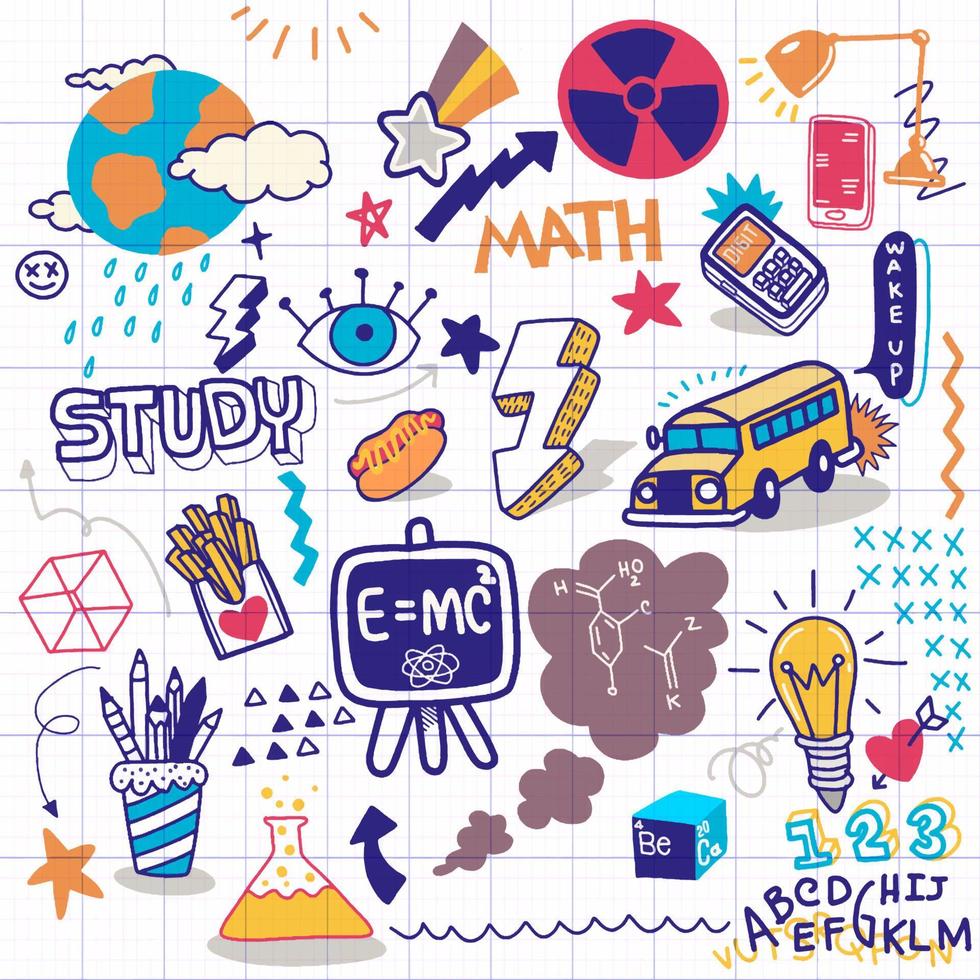 School clipart. Vector doodle school icons and symbols. Hand dra