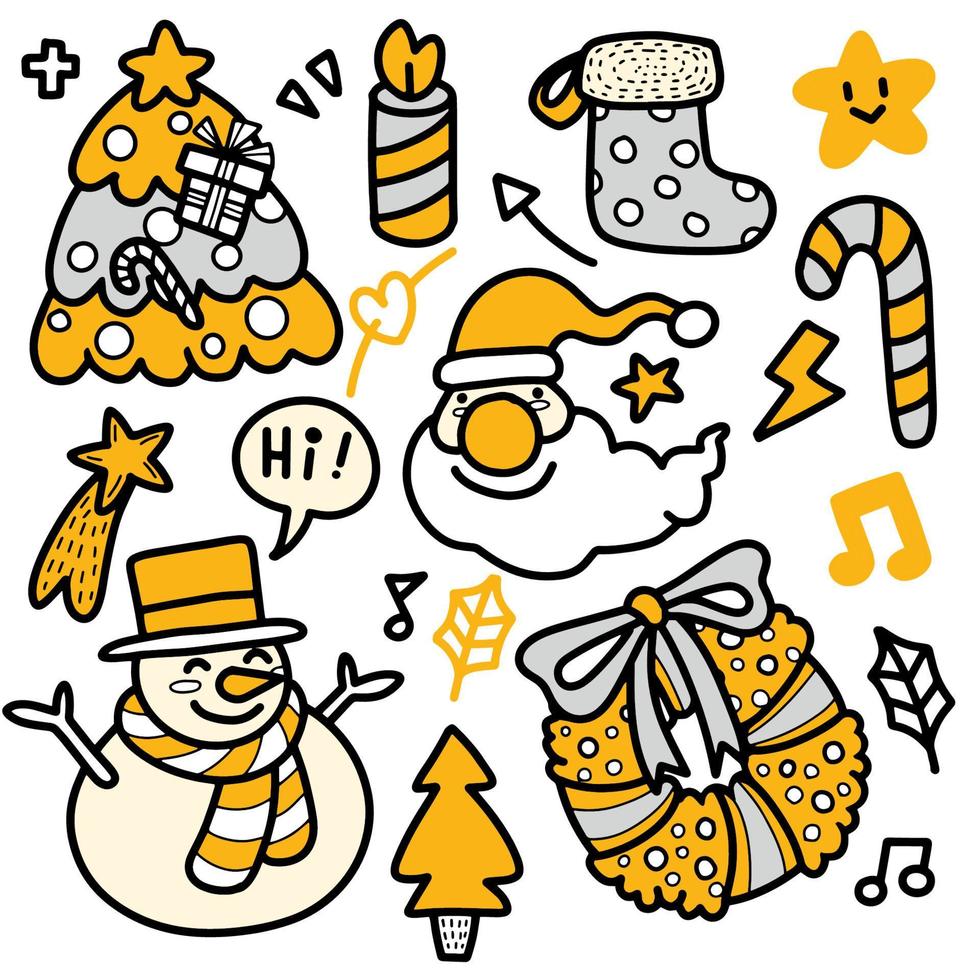 lindos garabatos navideños dibujados a mano, conjunto de elementos de diseño navideño en estilo garabato, conjunto de dibujos animados de garabatos dibujados a mano incompletos de objetos en el tema de feliz navidad, cada uno en una capa separada. vector