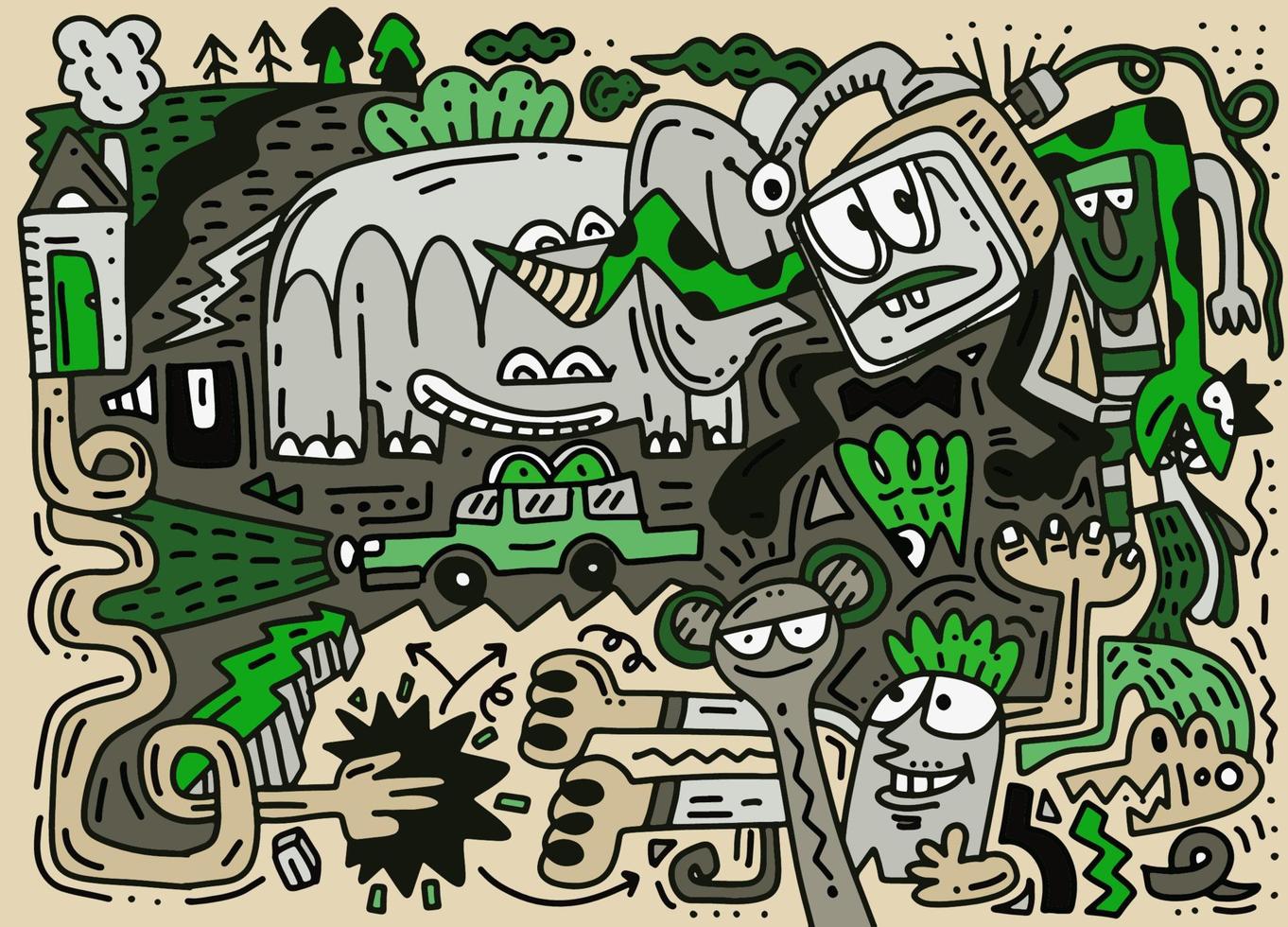 Cartoon vector doodles hand drawn town.