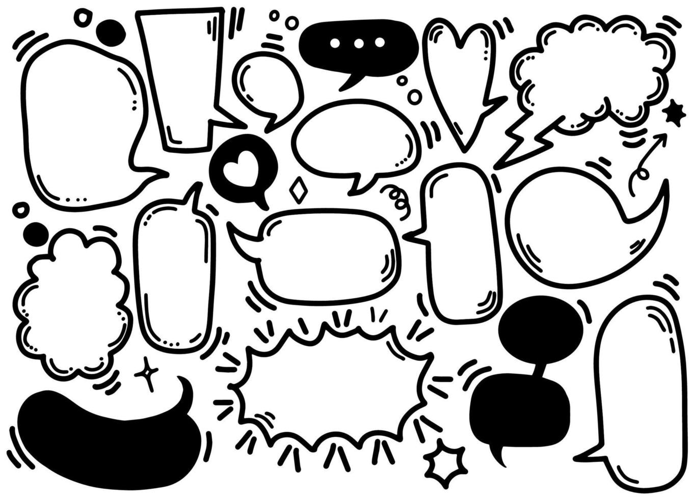 conjunto dibujado a mano de diferentes burbujas de discurso, pegatinas de conjunto de vectores de burbujas de discurso, conjunto retro de cómics discurso y vector de dibujos animados de burbujas