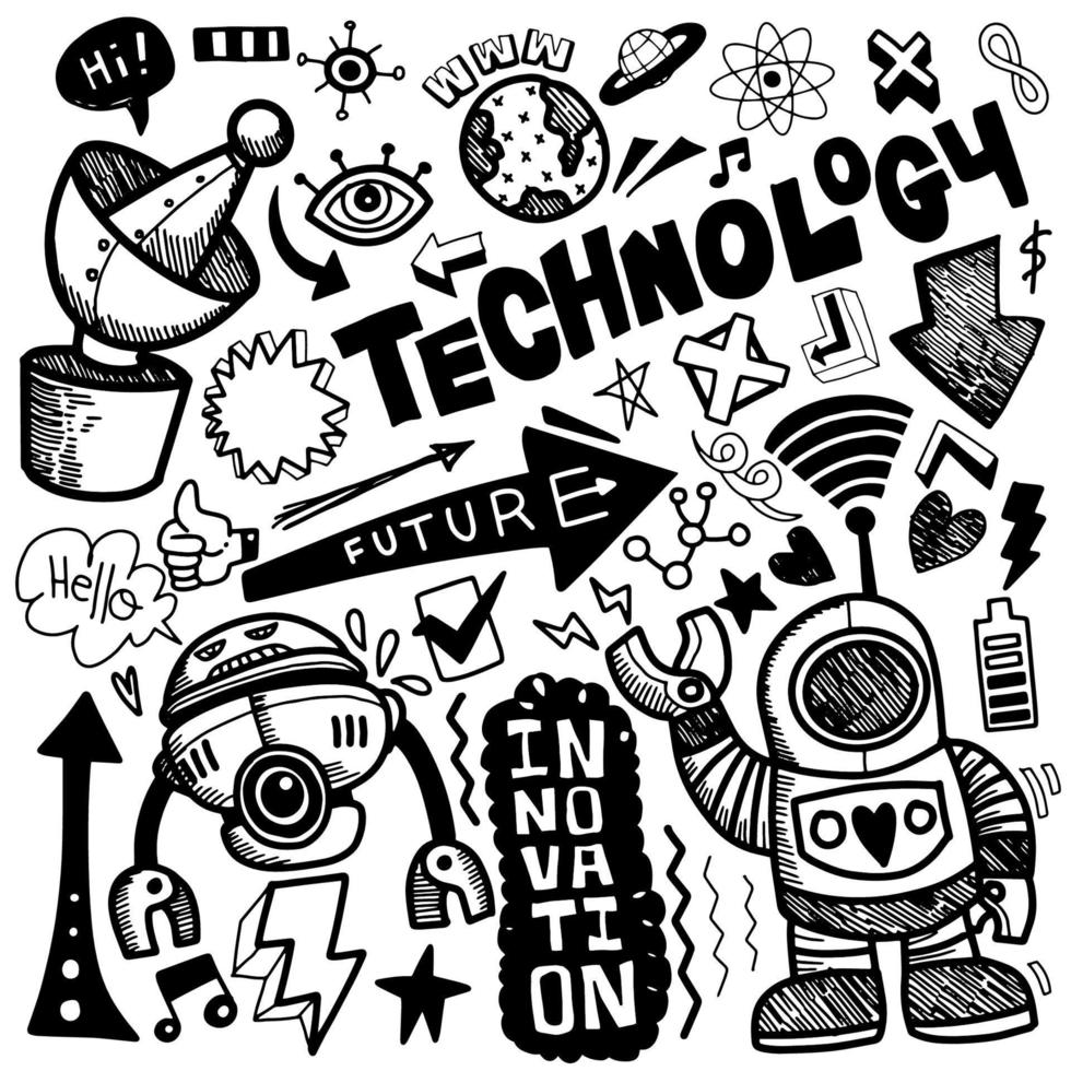 Technology  doodle drawing collection.Hand drawn vector doodle i