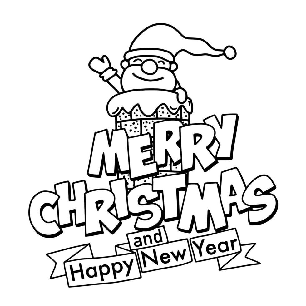 Cute hand drawn Christmas doodles, Santa Claus smiling and waving his hand over the chimney. With merry Christmas and Happy New Year typography, Each on a separate layer. vector