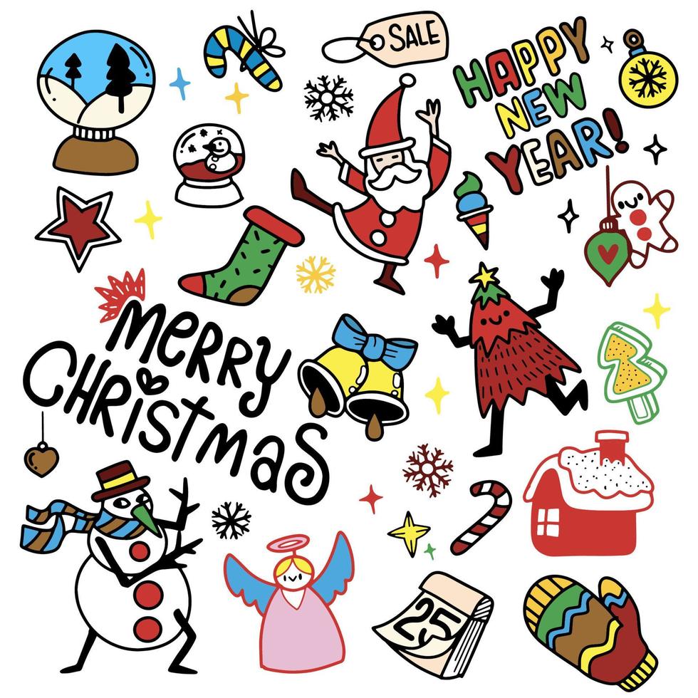 Cute hand drawn Christmas doodles,  set of Christmas design element in doodle style,Sketchy  hand drawn Doodle cartoon set of objects  on the Merry Christmas theme ,Each on a separate layer. vector