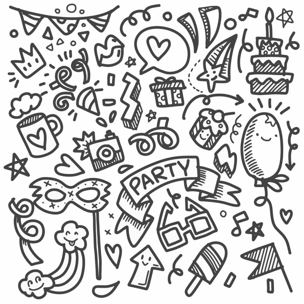 conjunto de vector de línea de boceto de garabato dibujado a mano de ilustración de fiesta