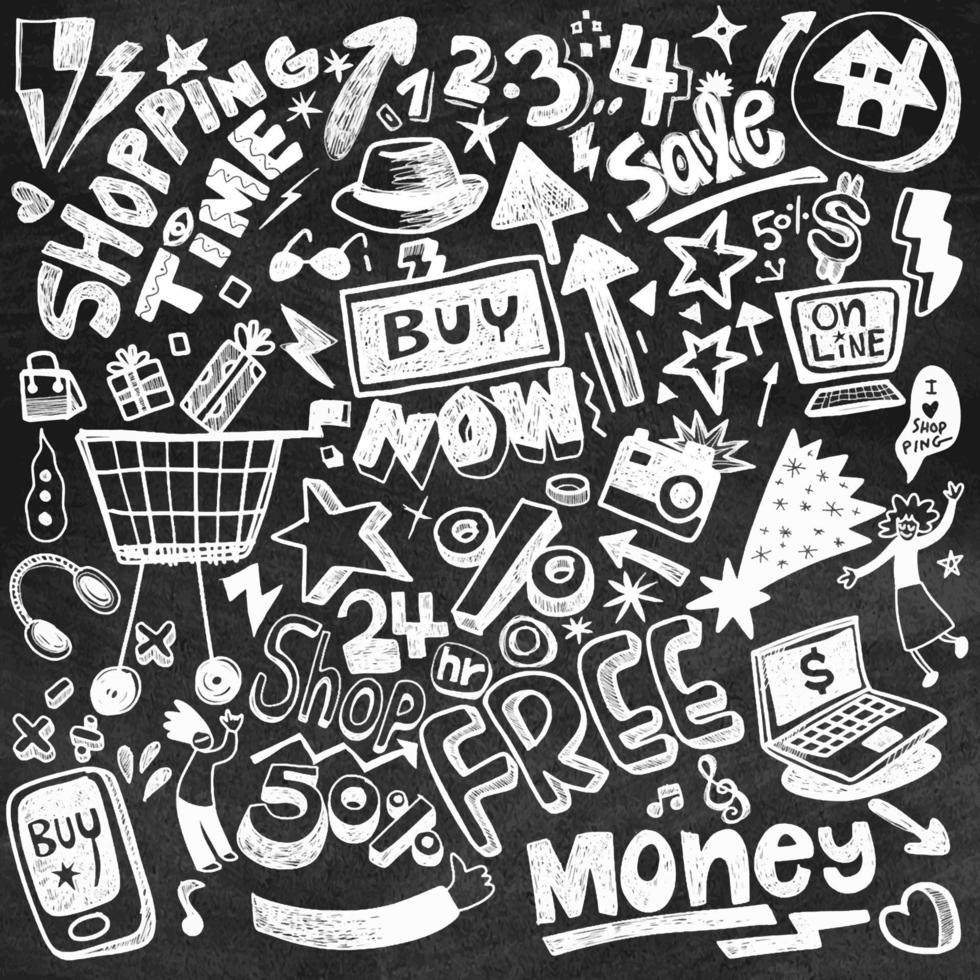 Hand drawn set of shopping doodles with lettering in vector