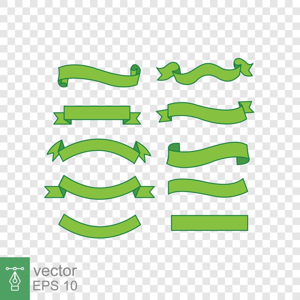 conjunto de grandes cintas verdes. curva, enrollada, enrollada, pelada, vacía, en blanco, plantilla de banner. estilo plano sencillo. menta verde con sombra. ilustración vectorial aislada. eps 10. vector