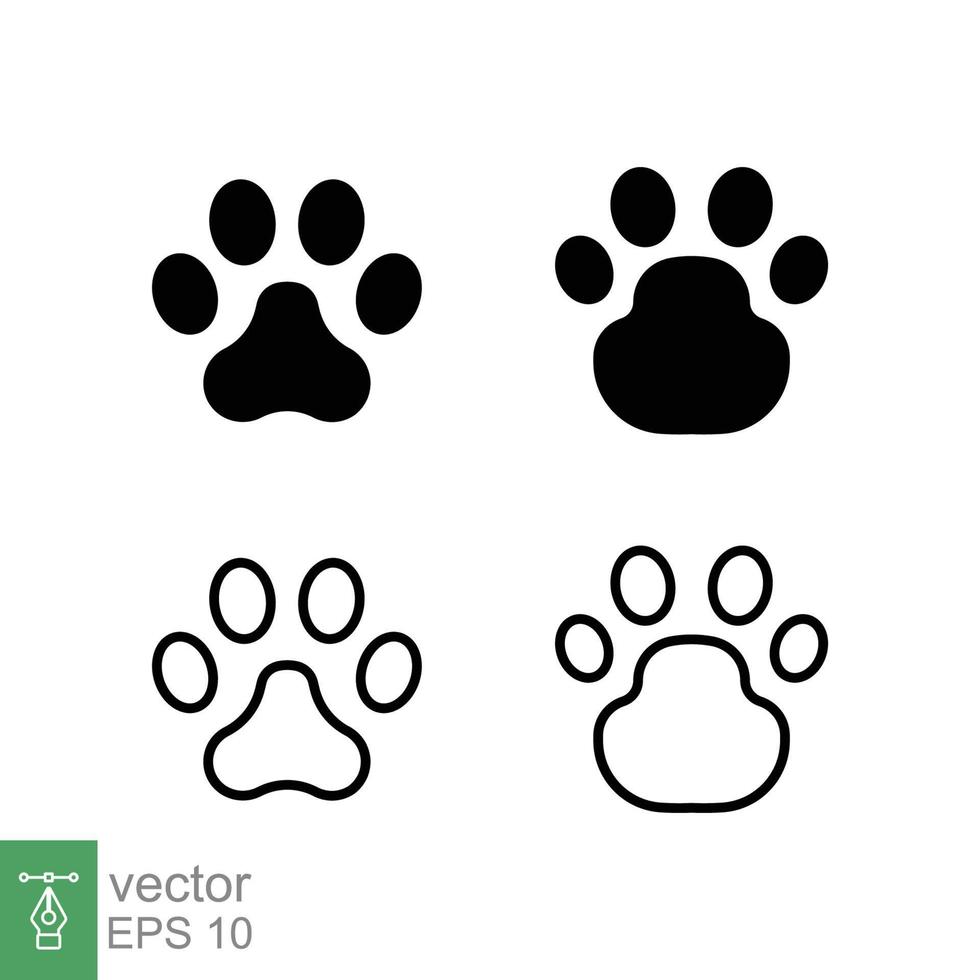 conjunto de iconos de huella de pata. estilo simple sólido y de contorno. huella, silueta negra, perro, gato, mascota, cachorro, concepto de pie animal. ilustración vectorial de glifos y líneas aislada en fondo blanco. eps 10. vector