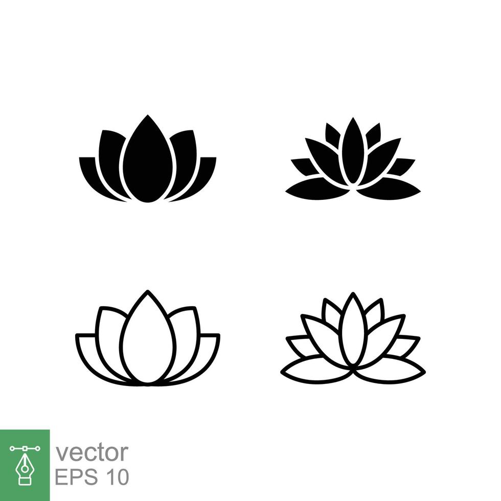 conjunto de iconos de planta de loto. estilo simple sólido y de contorno. símbolo de armonía, flor de spa relajante, pétalo, hoja, flor, concepto de naturaleza. ilustración vectorial de glifos y líneas aislada en fondo blanco. eps 10. vector