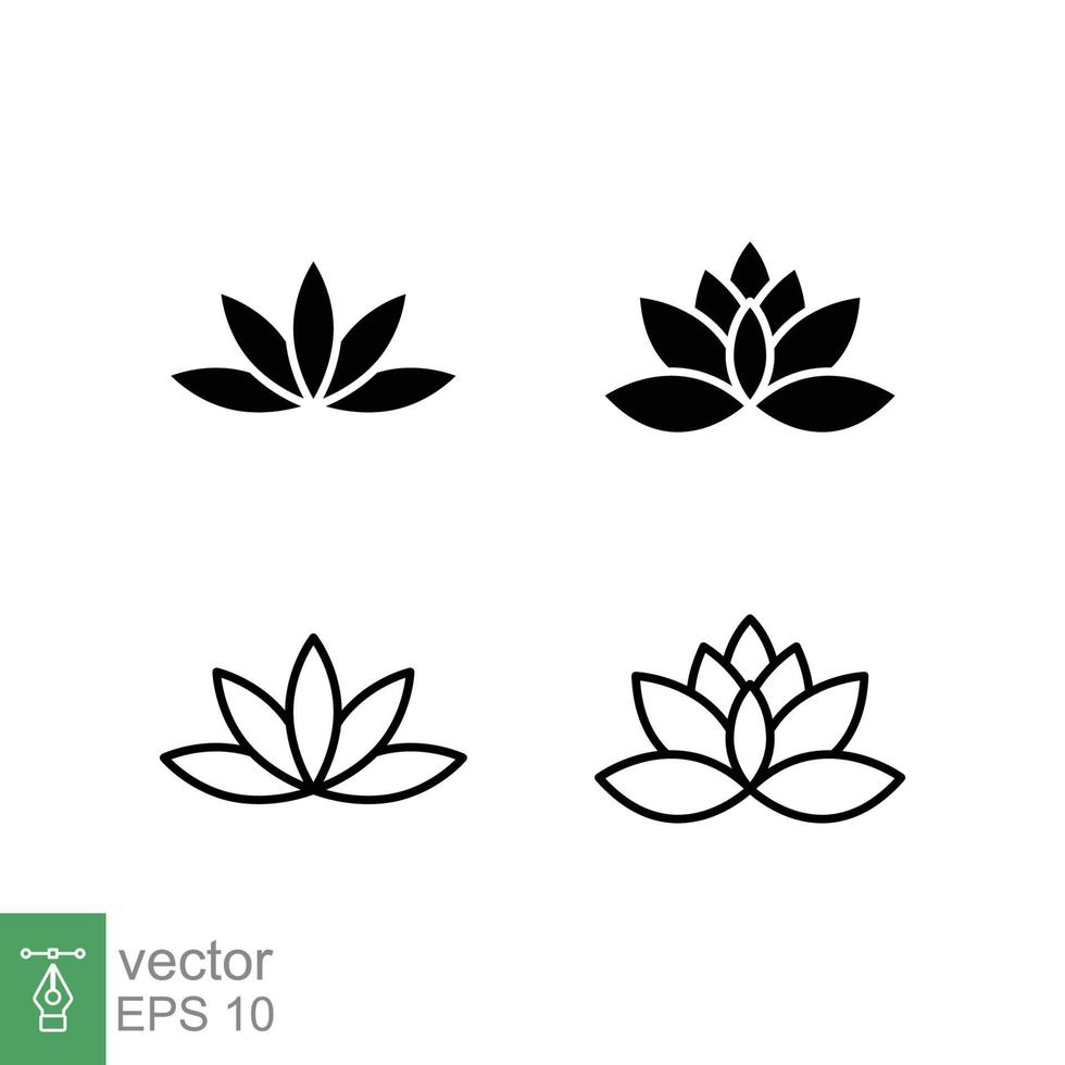 conjunto de iconos de planta de loto. estilo simple sólido y de contorno. símbolo de armonía, flor de spa relajante, pétalo, hoja, flor, concepto de naturaleza. ilustración vectorial de glifos y líneas aislada en fondo blanco. eps 10. vector