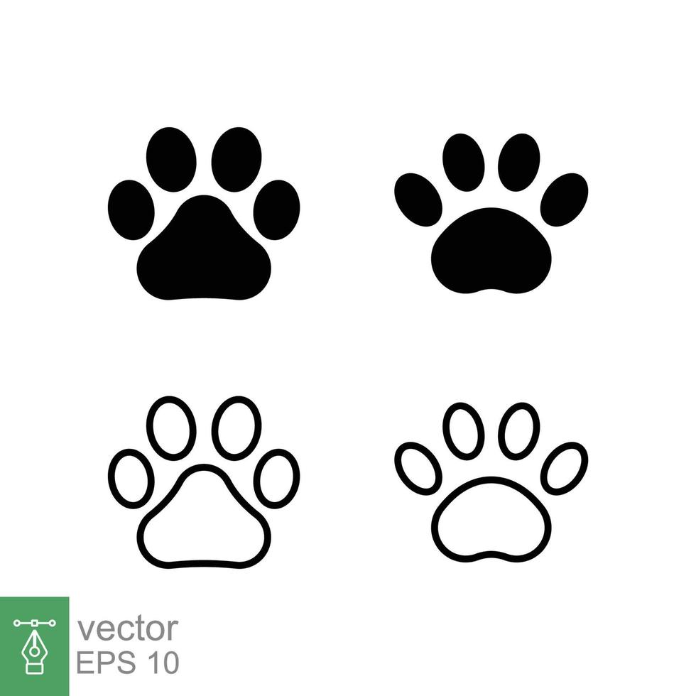 conjunto de iconos de huella de pata. estilo simple sólido y de contorno. huella, silueta negra, perro, gato, mascota, cachorro, concepto de pie animal. ilustración vectorial de glifos y líneas aislada en fondo blanco. eps 10. vector