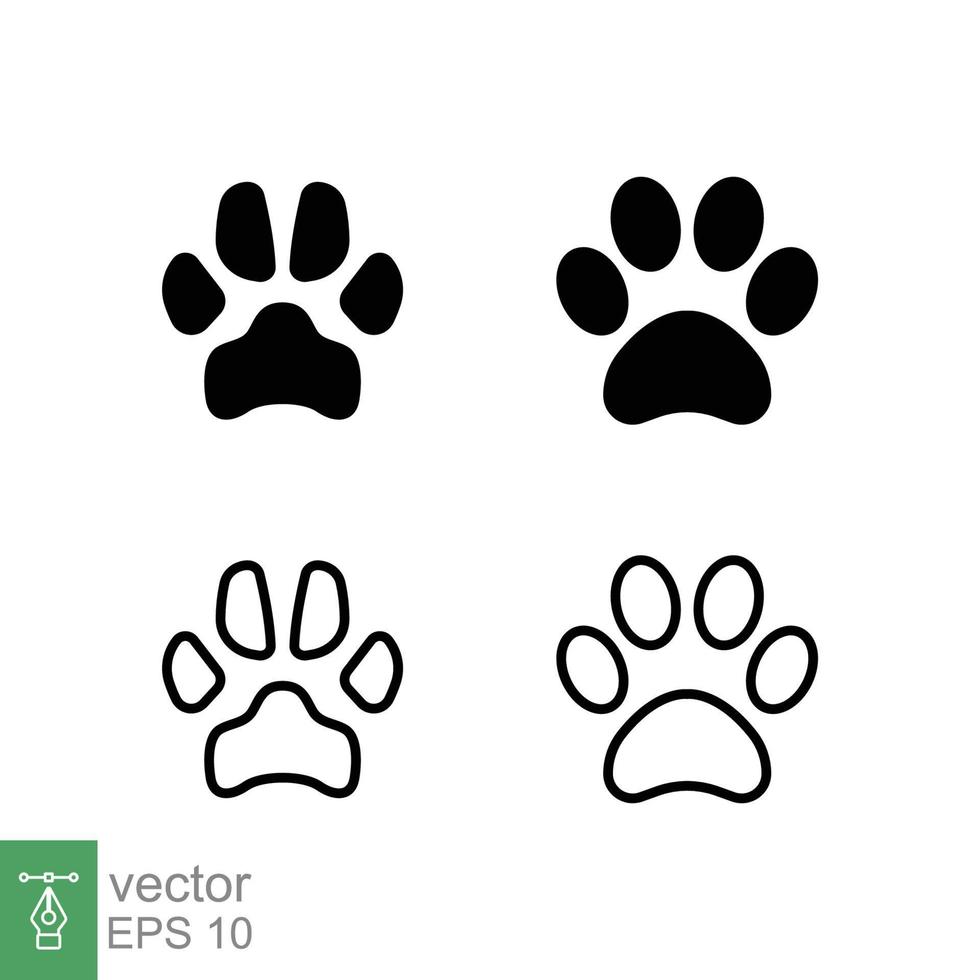 conjunto de iconos de huella de pata. estilo simple sólido y de contorno. huella, silueta negra, perro, gato, mascota, cachorro, concepto de pie animal. ilustración vectorial de glifos y líneas aislada en fondo blanco. eps 10. vector