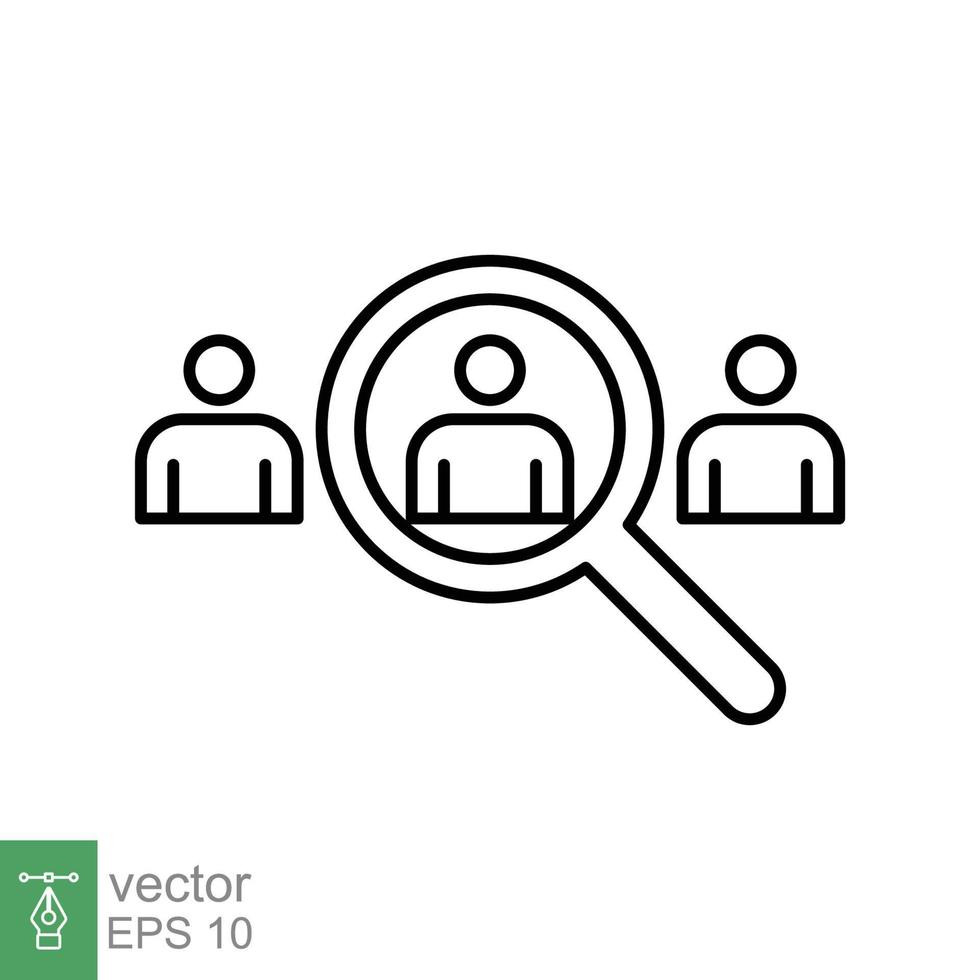 Search job vacancy icon. Simple outline style. Magnifying glass, find people employer business concept. Hire candidate, recruit, competition line symbol. Vector illustration. EPS 10.