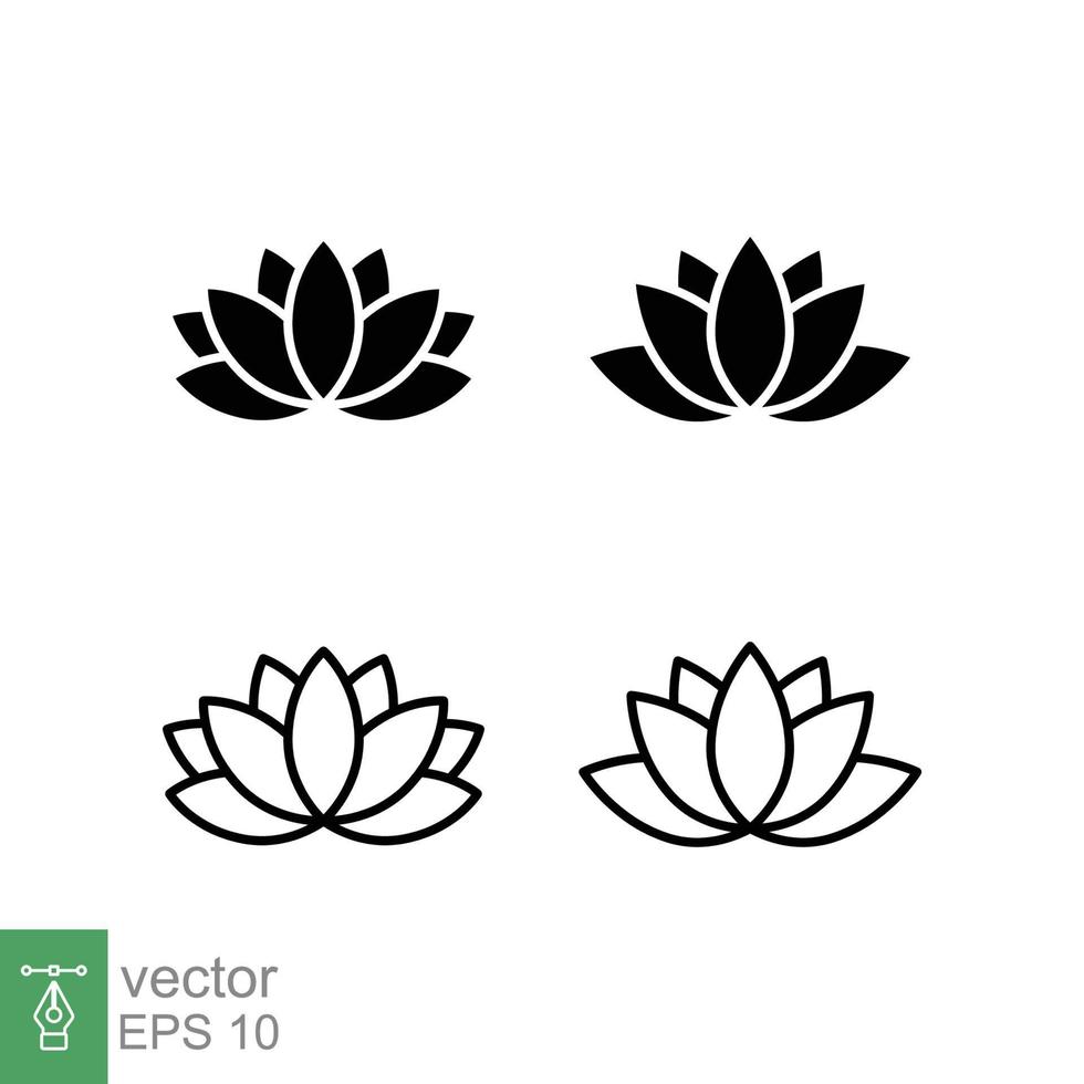 conjunto de iconos de planta de loto. estilo simple sólido y de contorno. símbolo de armonía, flor de spa relajante, pétalo, hoja, flor, concepto de naturaleza. ilustración vectorial de glifos y líneas aislada en fondo blanco. eps 10. vector