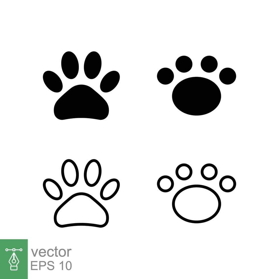 conjunto de iconos de huella de pata. estilo simple sólido y de contorno. huella, silueta negra, perro, gato, mascota, cachorro, concepto de pie animal. ilustración vectorial de glifos y líneas aislada en fondo blanco. eps 10. vector