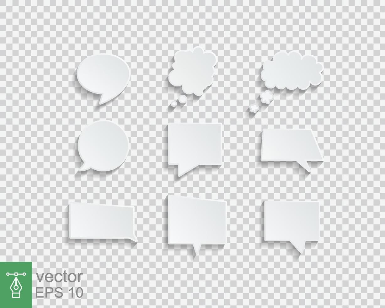 conjunto de vectores aislados de burbujas de voz en blanco blanco. 3d think ballon, box, conversación, chat, hablar, globo. burbuja de pensamiento de diseño infográfico. ilustración vectorial eps 10.