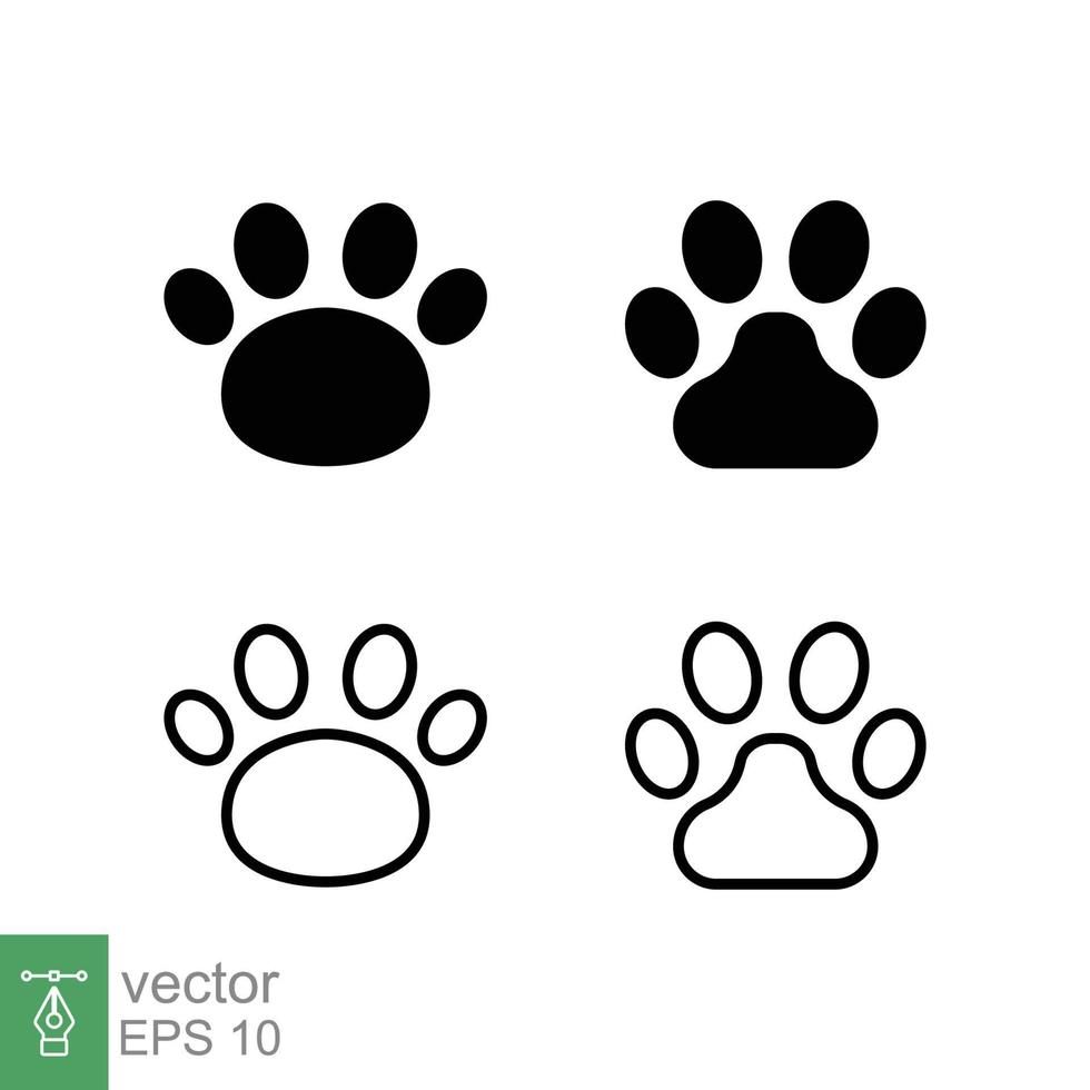 conjunto de iconos de huella de pata. estilo simple sólido y de contorno. huella, silueta negra, perro, gato, mascota, cachorro, concepto de pie animal. ilustración vectorial de glifos y líneas aislada en fondo blanco. eps 10. vector