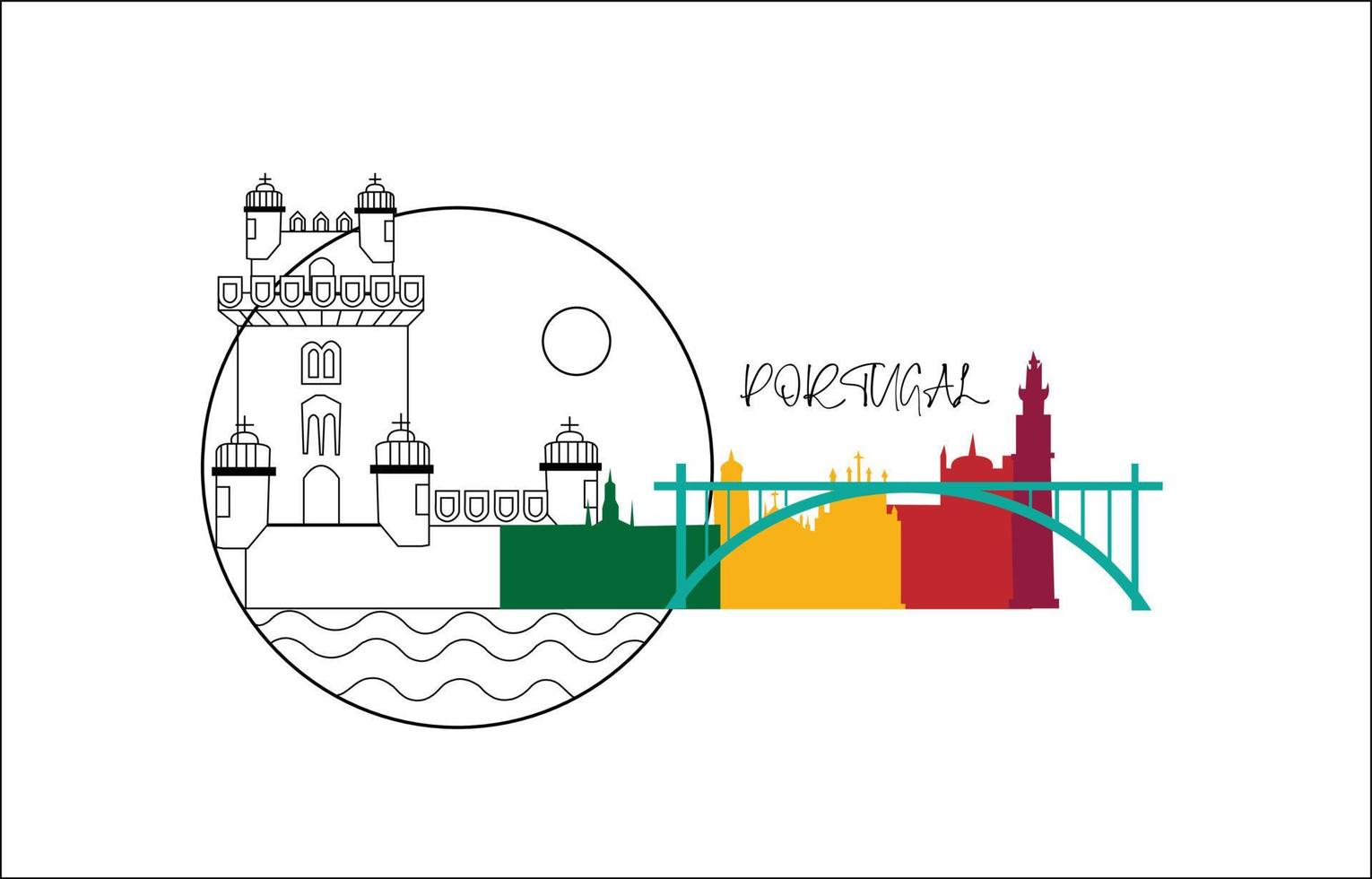 Portugal national day banner design. Portuguese flag and map theme with Lisbon landmarks background. vector