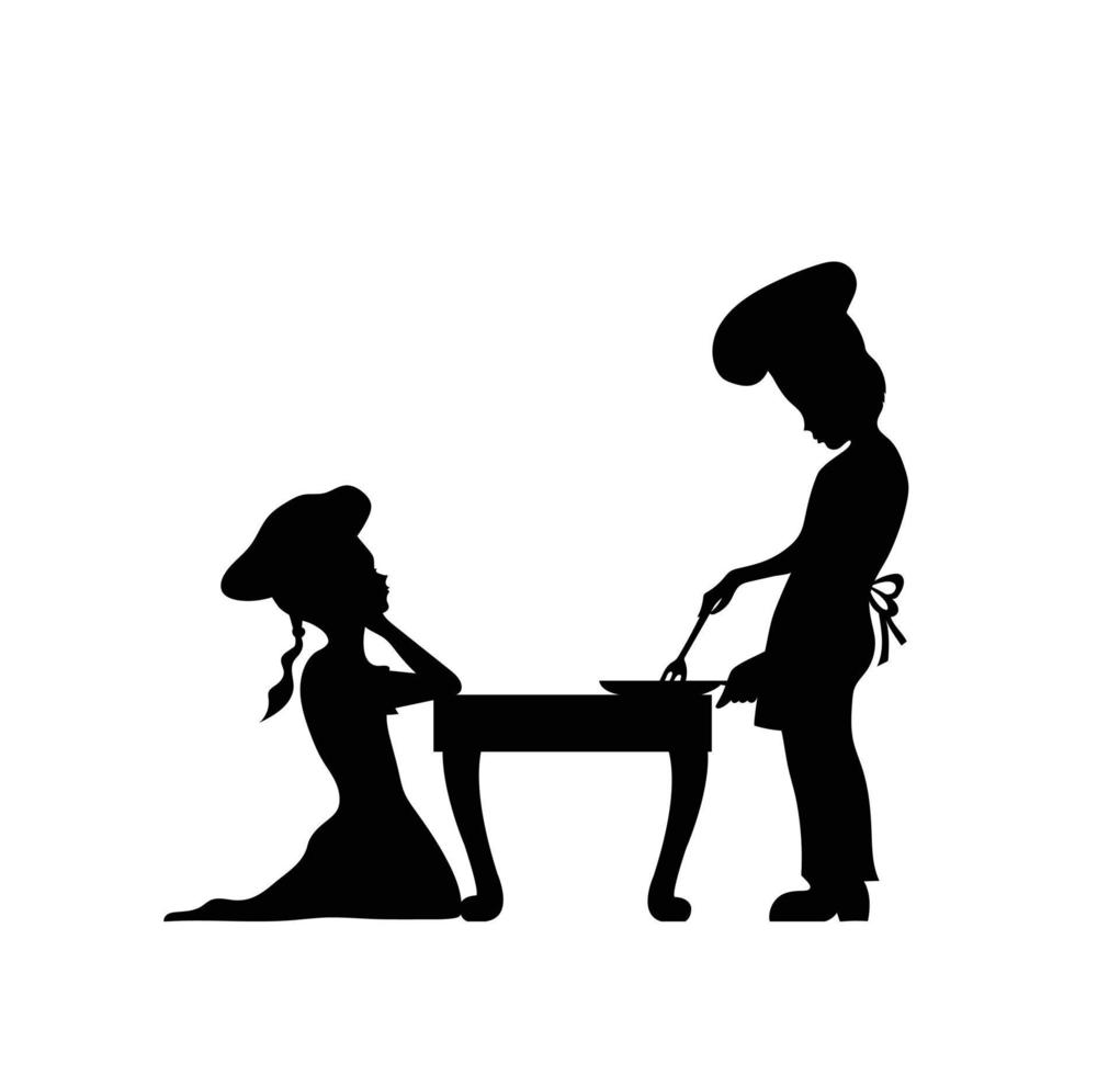 boy baking and girl looking boy silhouette vector