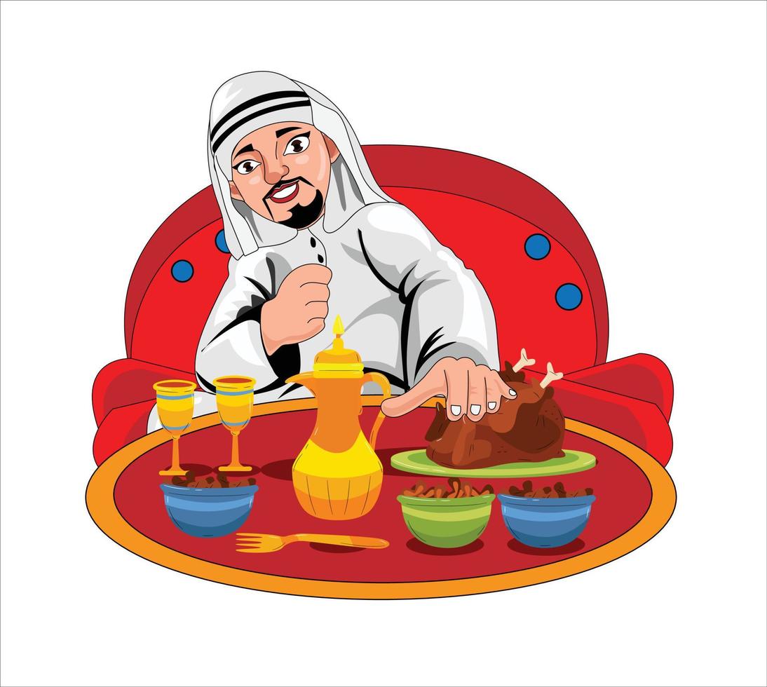 hombre árabe que muestra la ilustración de vector de plato tradicional