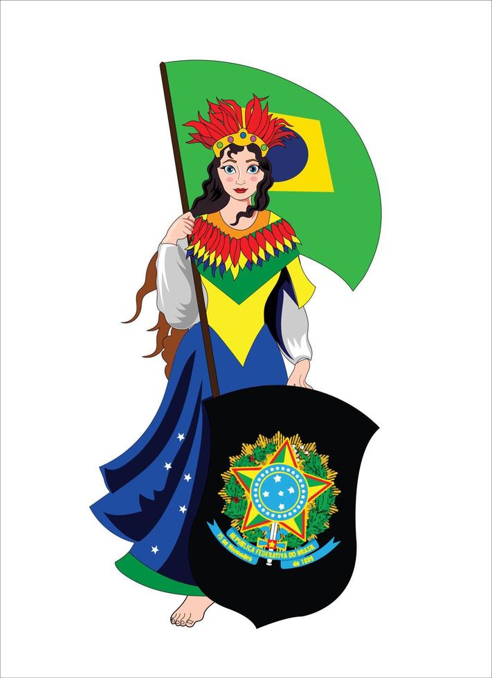 Brasil niña sosteniendo la bandera y el escudo ilustración vectorial vector