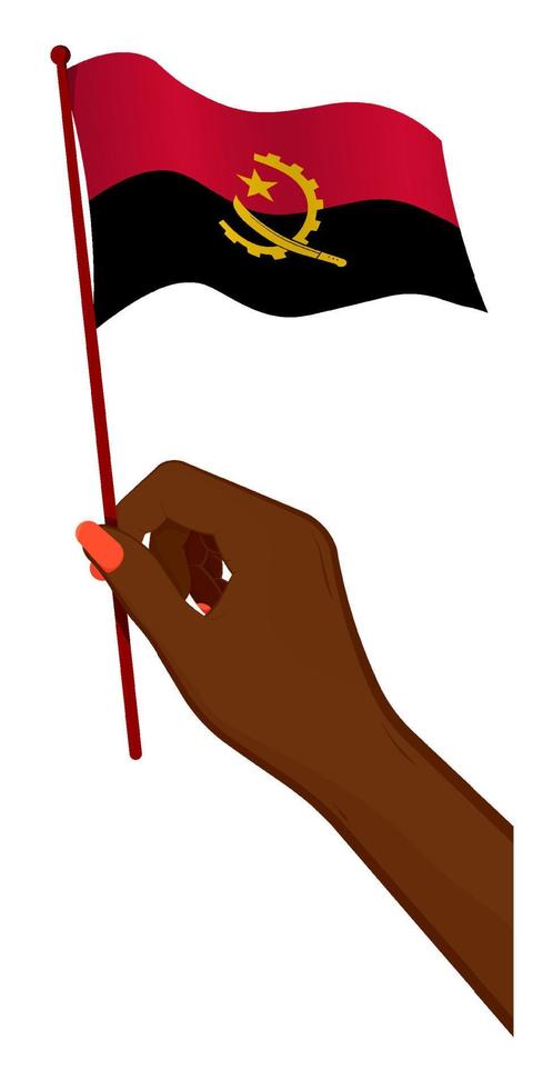 Female hand gently holds small Angola flag. Holiday design element. Cartoon vector on white background