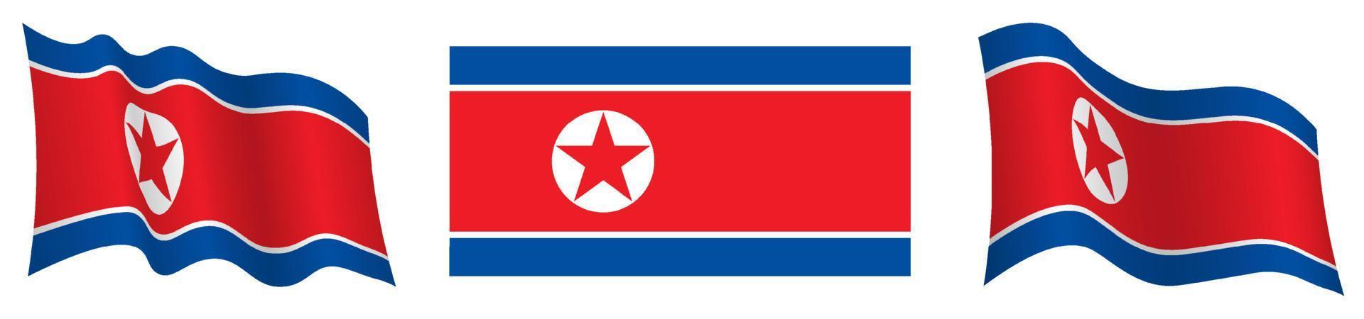 bandera de la rpdc, corea del norte en posición estática y en movimiento, ondeando en el viento en colores y tamaños exactos, sobre fondo blanco vector