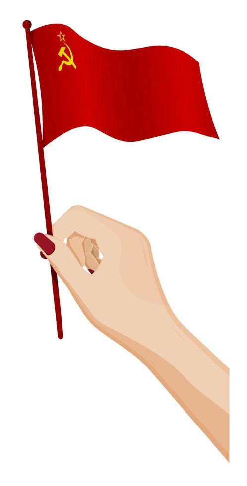 Female hand gently holds small Soviet Union flag, USSR. Holiday design element. Cartoon vector on white background