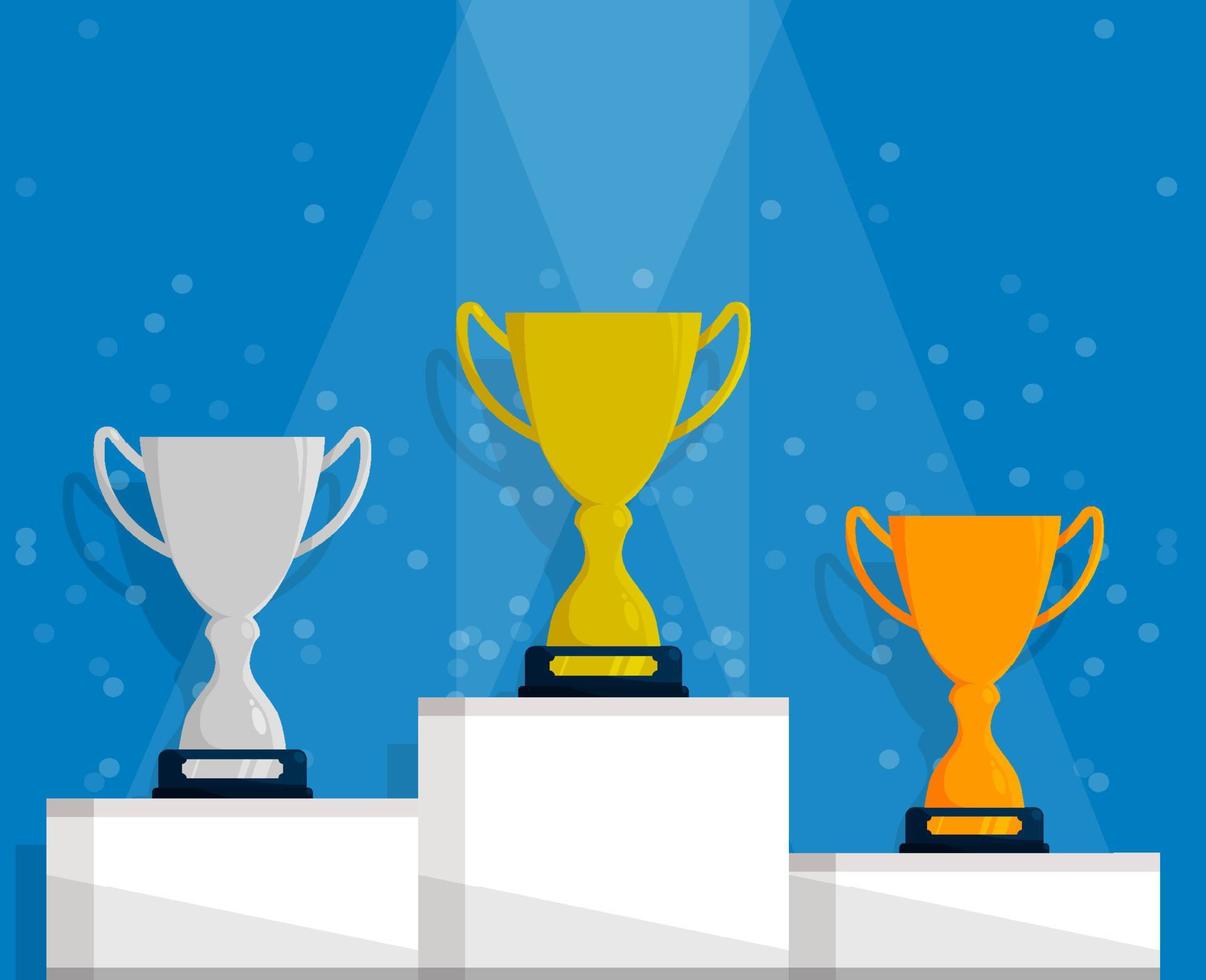 Prize sports cup for participation in sports competitions. Award to winner of tournament. Gold, silver and bronze cups on podium. Vector in flat style