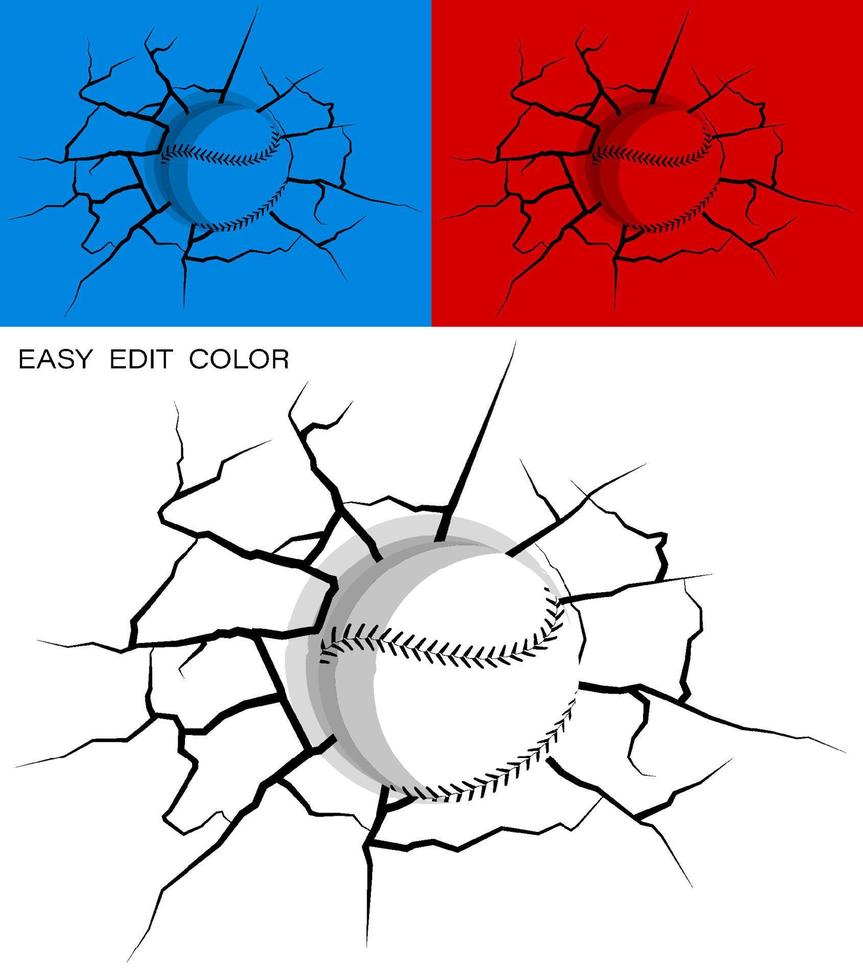 baseball hit wall powerfully and damaged, cracks on wall. Sports design element. American national sport. Active lifestyle. Vector on white or color background with cracks
