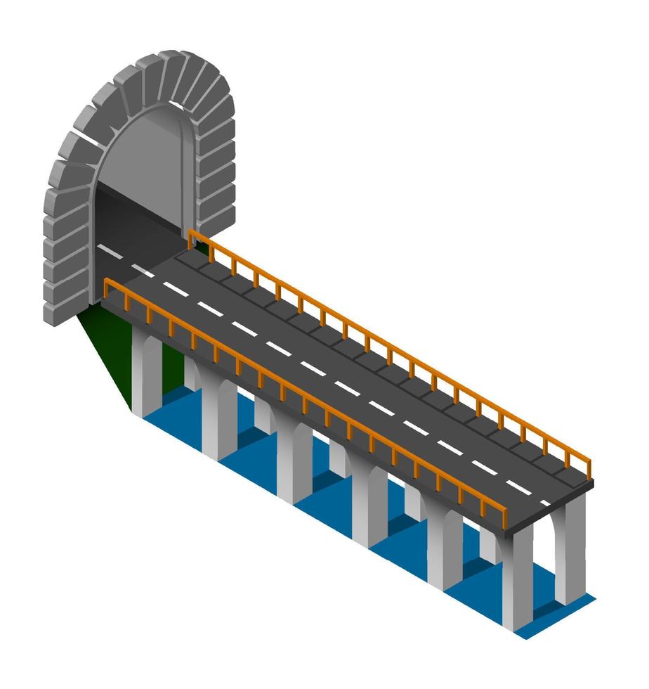 entrance to automobile tunnel with section of bridge. Automobile bridge with arched tunnel in mountains. Vector