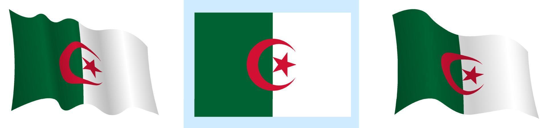bandera de argelia en posición estática y en movimiento, ondeando en el viento en colores y tamaños exactos, sobre fondo blanco vector